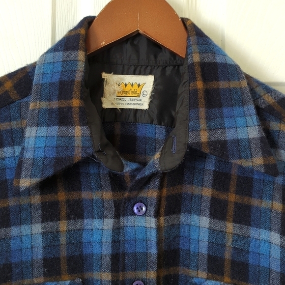 Kingsfield 90's Vintage Plaid Wool Blend Long Sleeve Button Down Shirt Blue L - Picture 2 of 12